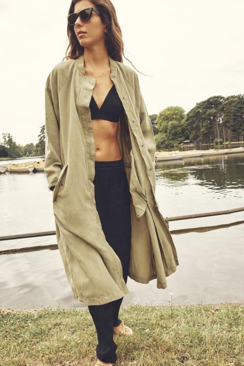 moterys Zara ilgas lininis paltas chaki apranga 4N48877