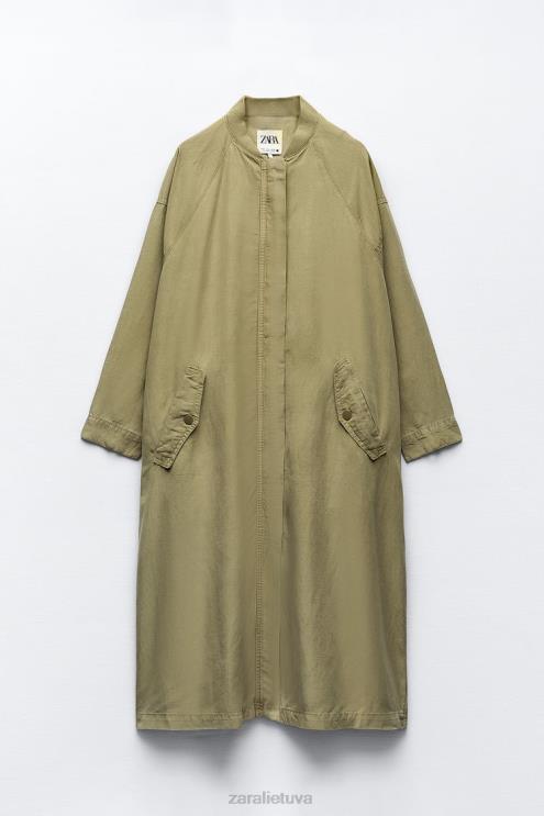 moterys Zara ilgas lininis paltas chaki apranga 4N48877