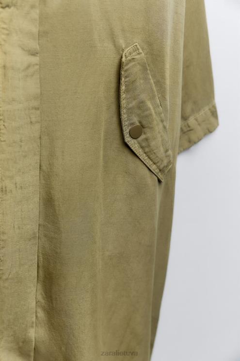 moterys Zara ilgas lininis paltas chaki apranga 4N48877