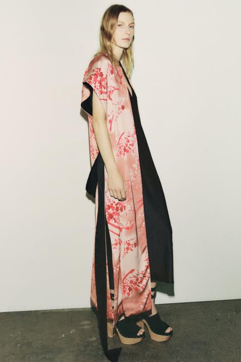 moterys Zara ilgas margintas kimono rožinis apranga 4N488105