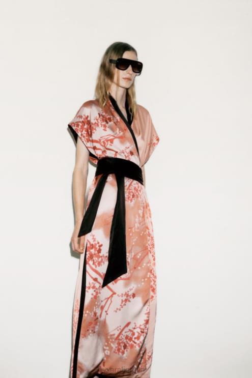 moterys Zara ilgas margintas kimono rožinis apranga 4N488105