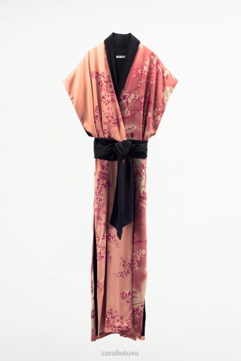 moterys Zara ilgas margintas kimono rožinis apranga 4N488105
