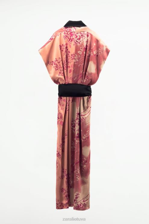moterys Zara ilgas margintas kimono rožinis apranga 4N488105