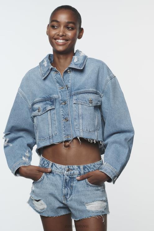 moterys Zara karpytas plėšytas z1975 džinsinis švarkas vidurio mėlyna apranga 4N48856