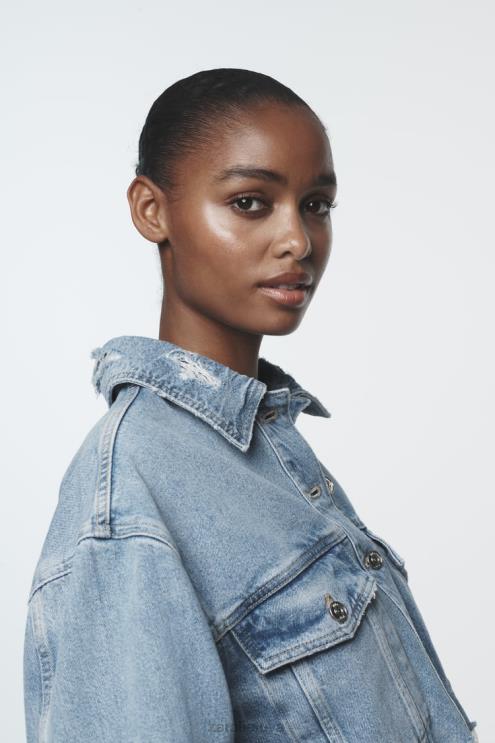 moterys Zara karpytas plėšytas z1975 džinsinis švarkas vidurio mėlyna apranga 4N48856