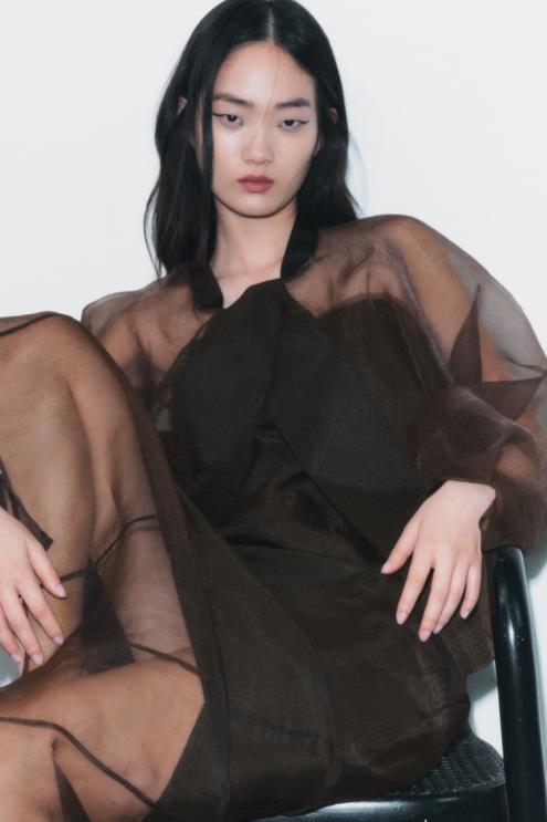 moterys Zara kontrastingos organzos bomber striukė rudas apranga 4N48899