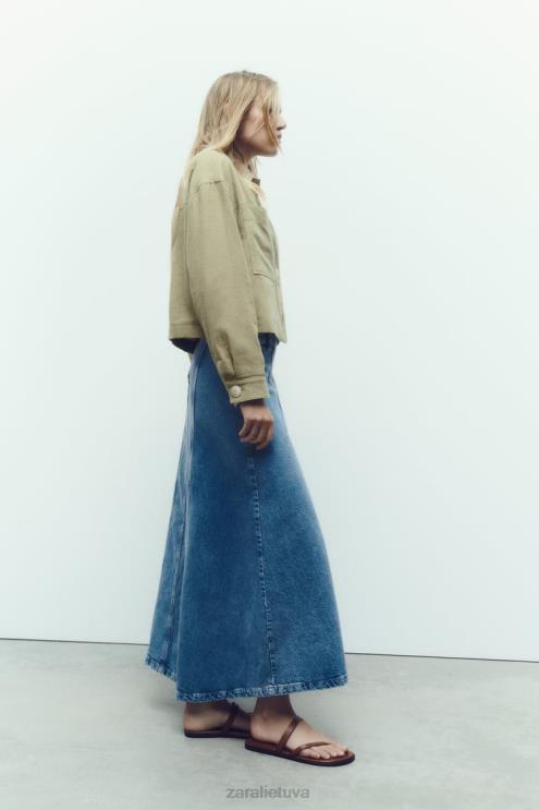 moterys Zara lino mišinio trumpa striukė chaki apranga 4N488115