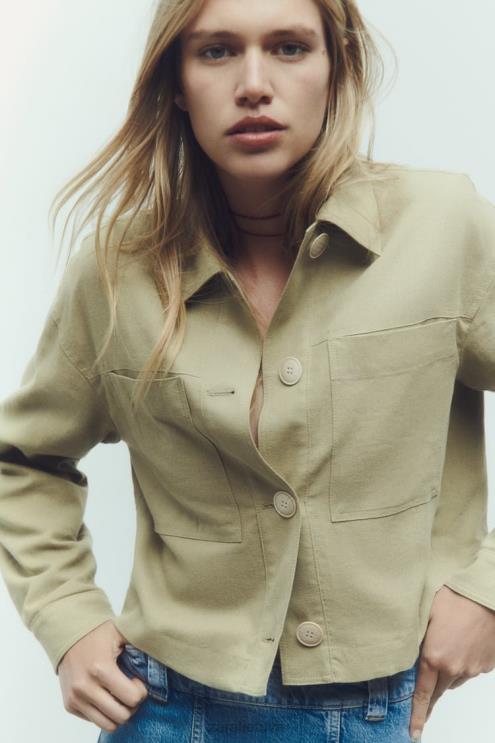 moterys Zara lino mišinio trumpa striukė chaki apranga 4N488115