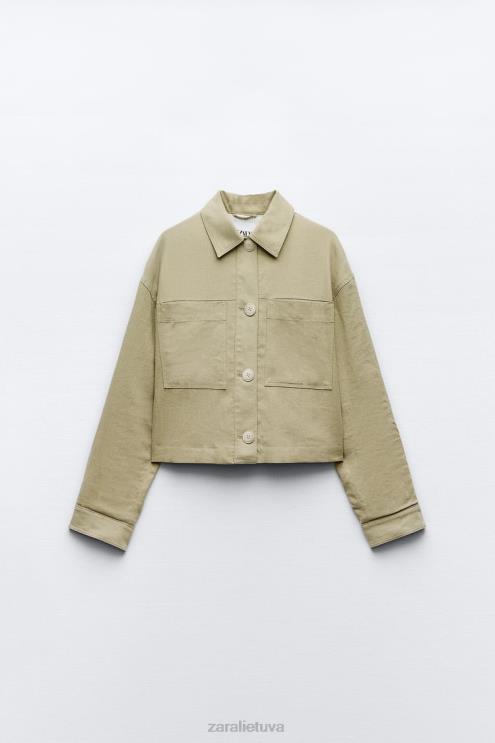 moterys Zara lino mišinio trumpa striukė chaki apranga 4N488115