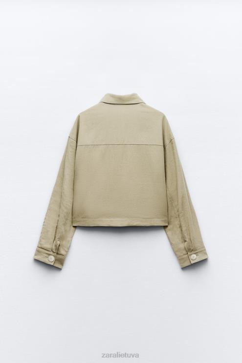 moterys Zara lino mišinio trumpa striukė chaki apranga 4N488115