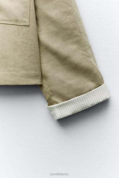 moterys Zara lino mišinio trumpa striukė chaki apranga 4N488115