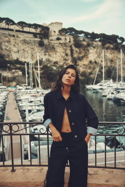 moterys Zara lino mišinio trumpa striukė tamsiai mėlyna apranga 4N48858