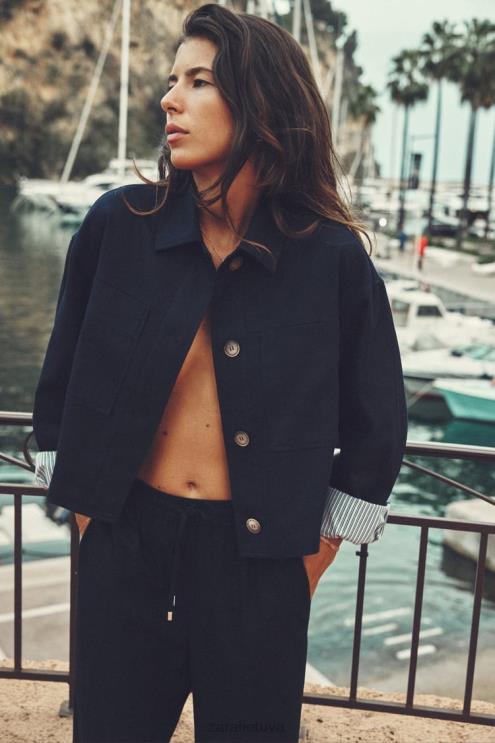 moterys Zara lino mišinio trumpa striukė tamsiai mėlyna apranga 4N48858