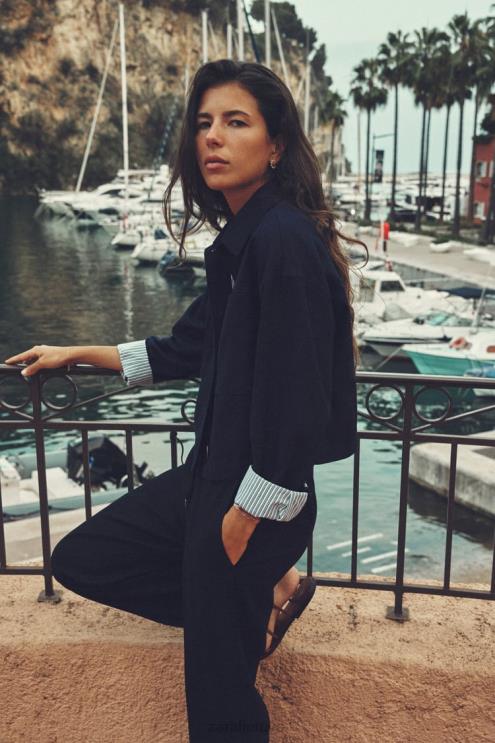 moterys Zara lino mišinio trumpa striukė tamsiai mėlyna apranga 4N48858