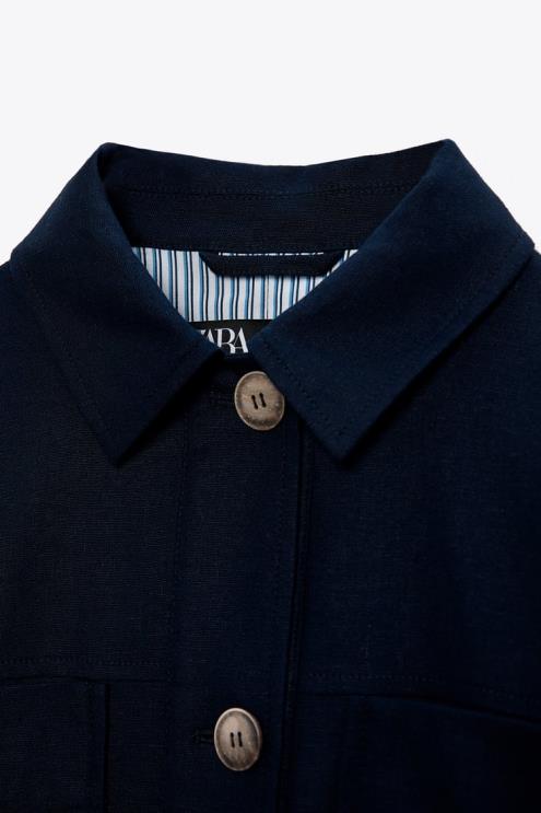 moterys Zara lino mišinio trumpa striukė tamsiai mėlyna apranga 4N48858