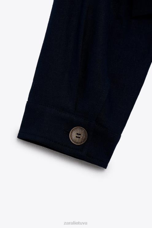 moterys Zara lino mišinio trumpa striukė tamsiai mėlyna apranga 4N48858