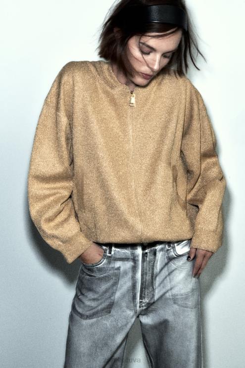 moterys Zara megztas bomber megztinis su metaliniu siūlu auksinis apranga 4N48814