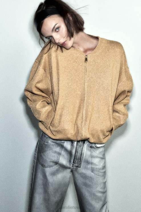 moterys Zara megztas bomber megztinis su metaliniu siūlu auksinis apranga 4N48814