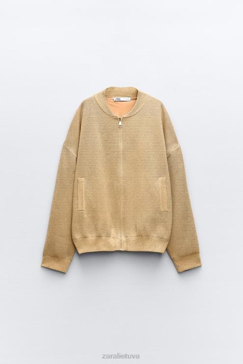 moterys Zara megztas bomber megztinis su metaliniu siūlu auksinis apranga 4N48814