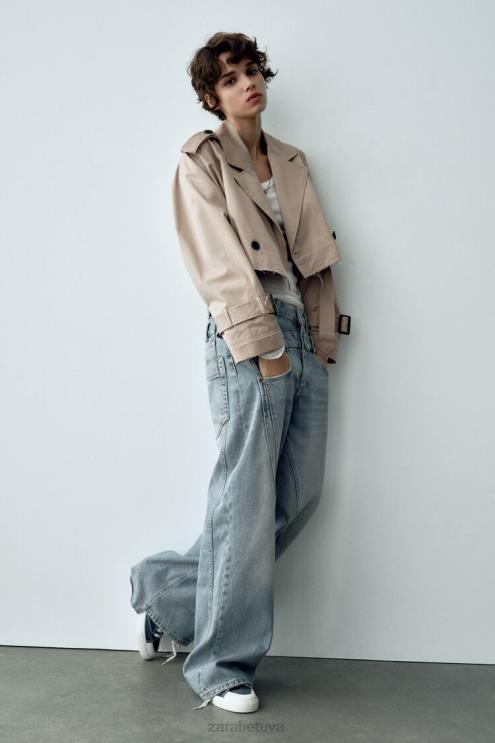 moterys Zara negabaritinė sutrumpinta dviratininko striukė taupiai ruda apranga 4N48821