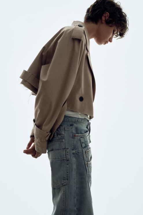 moterys Zara negabaritinė sutrumpinta dviratininko striukė taupiai ruda apranga 4N48821