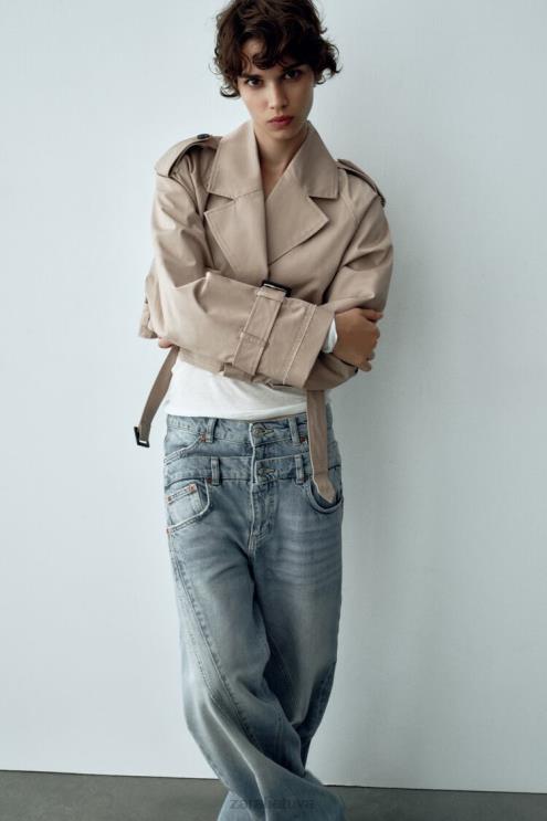 moterys Zara negabaritinė sutrumpinta dviratininko striukė taupiai ruda apranga 4N48821