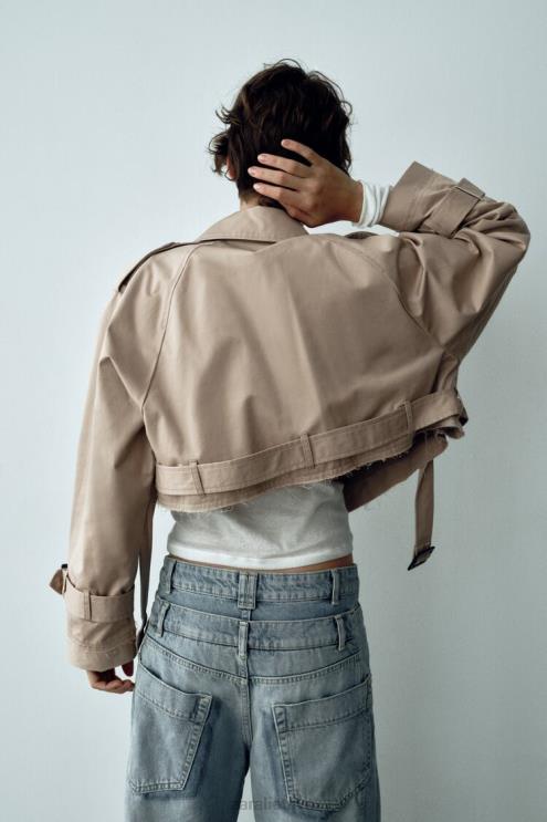 moterys Zara negabaritinė sutrumpinta dviratininko striukė taupiai ruda apranga 4N48821