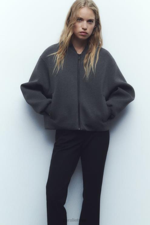 moterys Zara neopreno efekto bomber striukė tamsiai pilka apranga 4N48849