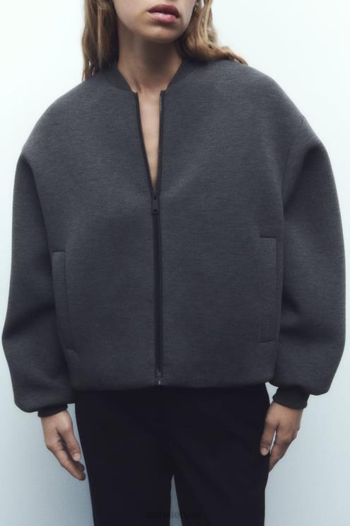 moterys Zara neopreno efekto bomber striukė tamsiai pilka apranga 4N48849