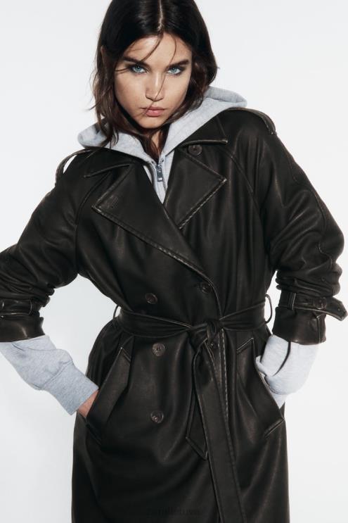 moterys Zara nuliūdęs dirbtinės odos paltas juodas apranga 4N48842