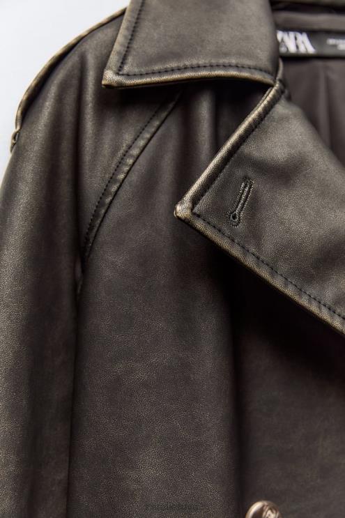 moterys Zara nuliūdęs dirbtinės odos paltas juodas apranga 4N48842