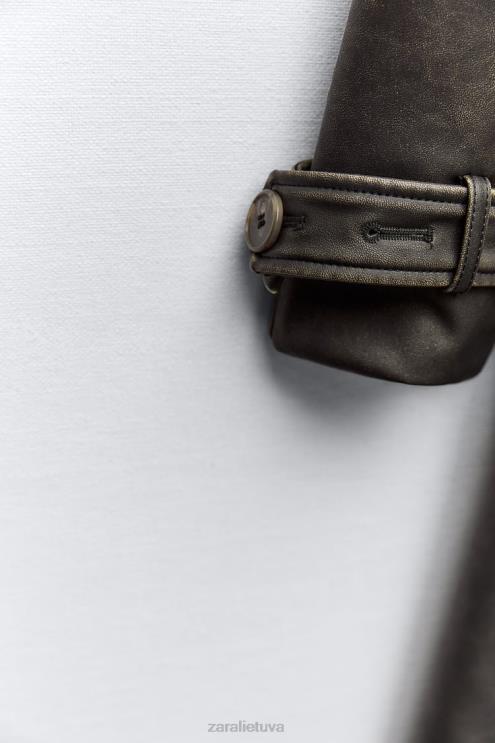 moterys Zara nuliūdęs dirbtinės odos paltas juodas apranga 4N48842