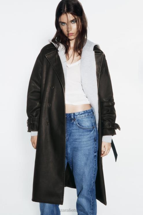 moterys Zara nuliūdęs dirbtinės odos paltas juodas apranga 4N48842