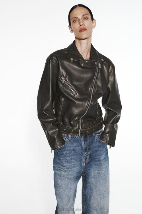 moterys Zara nuliūdusi dirbtinės odos baikerio striukė juodas apranga 4N488119