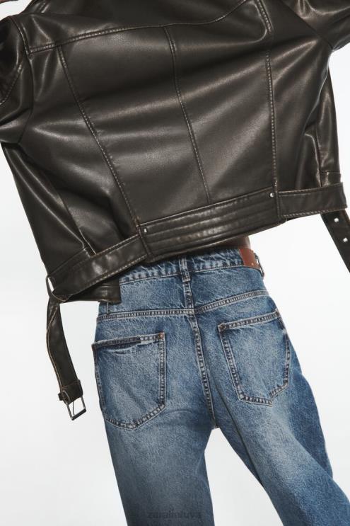 moterys Zara nuliūdusi dirbtinės odos baikerio striukė juodas apranga 4N488119