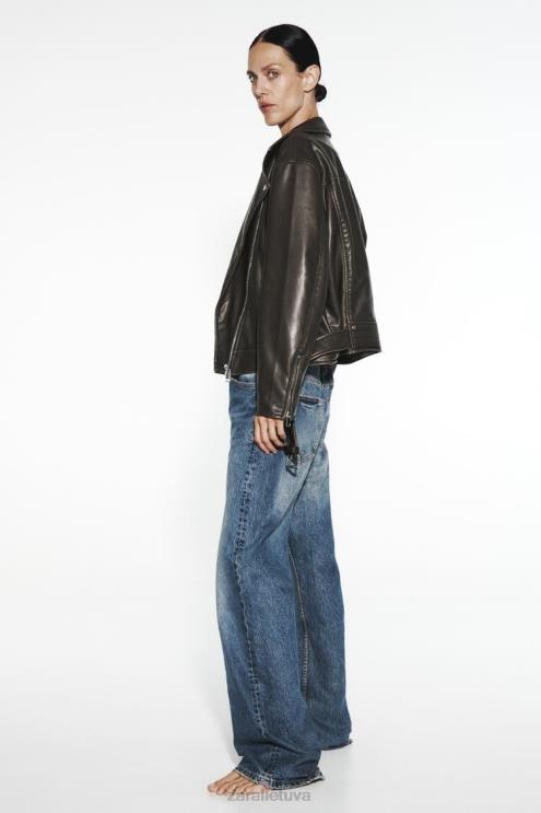 moterys Zara nuliūdusi dirbtinės odos baikerio striukė juodas apranga 4N488119