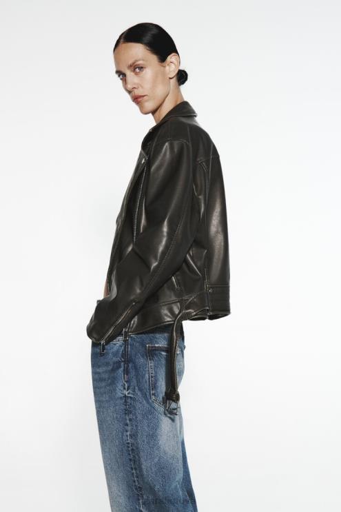 moterys Zara nuliūdusi dirbtinės odos baikerio striukė juodas apranga 4N488119