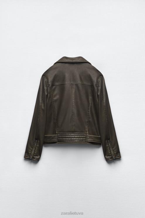 moterys Zara nuliūdusi dirbtinės odos baikerio striukė juodas apranga 4N488119