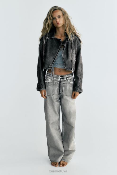 moterys Zara nuliūdusi dirbtinės odos baikerio striukė pilka apranga 4N48818