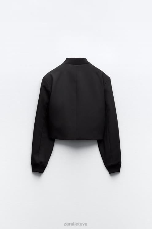 moterys Zara šonkaulių apykakle apkarpyta bomber striukė juodas apranga 4N4881
