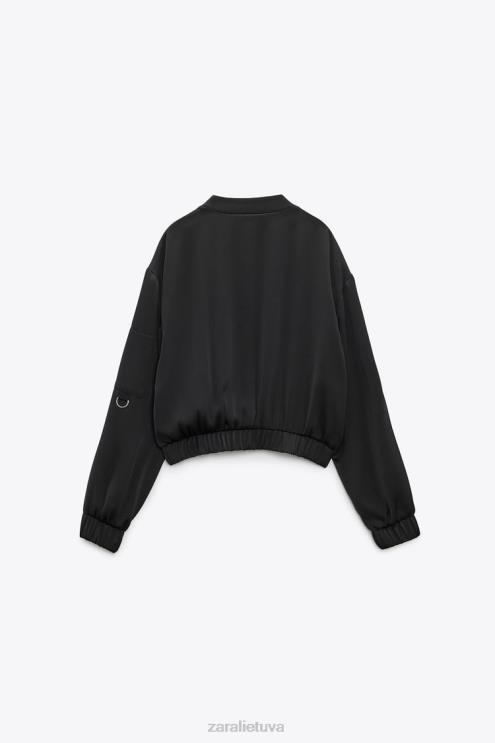 moterys Zara satino bomber striukė juodas apranga 4N488116