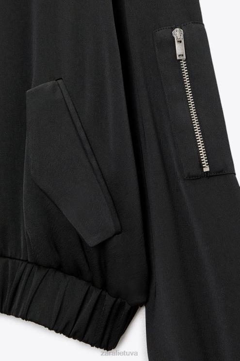 moterys Zara satino bomber striukė juodas apranga 4N488116
