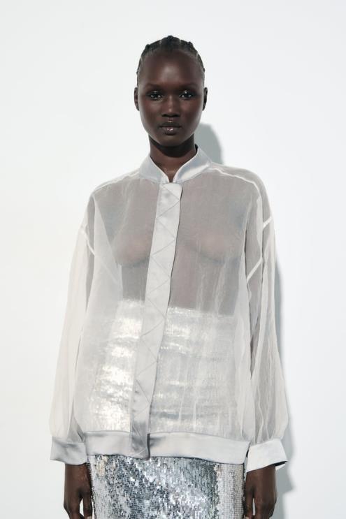 moterys Zara satino efekto organzos bombonešis vidurio ekru apranga 4N488125