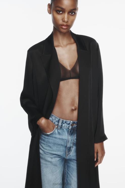 moterys Zara satino efekto paltas juodas apranga 4N488135