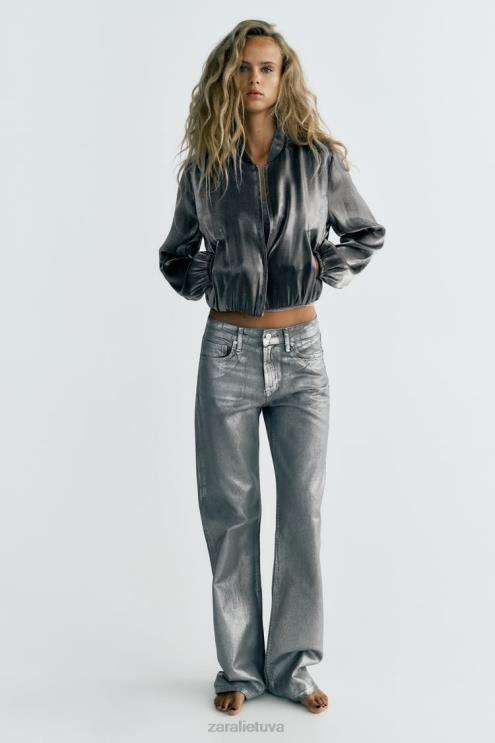 moterys Zara satino folijos bomber striukė sidabras apranga 4N48831