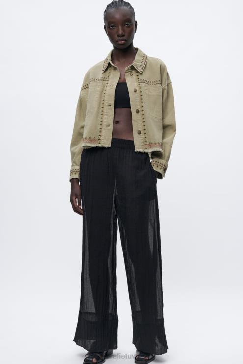 moterys Zara siuvinėti marškinėliai chaki apranga 4N48890