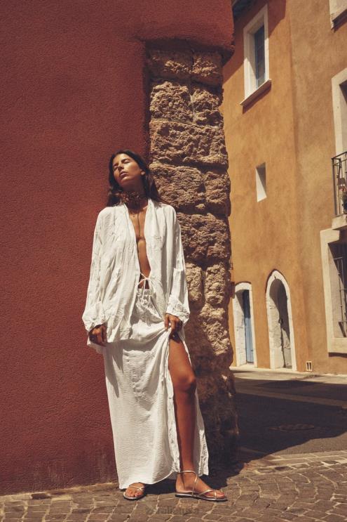 moterys Zara surištas raukšlėtas kimono baltas apranga 4N48885