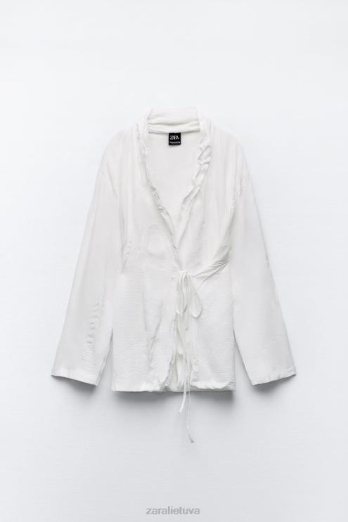 moterys Zara surištas raukšlėtas kimono baltas apranga 4N48885