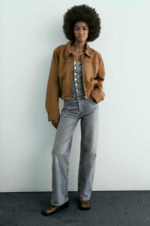 moterys Zara vaškuota medvilninė striukė rudas apranga 4N48888