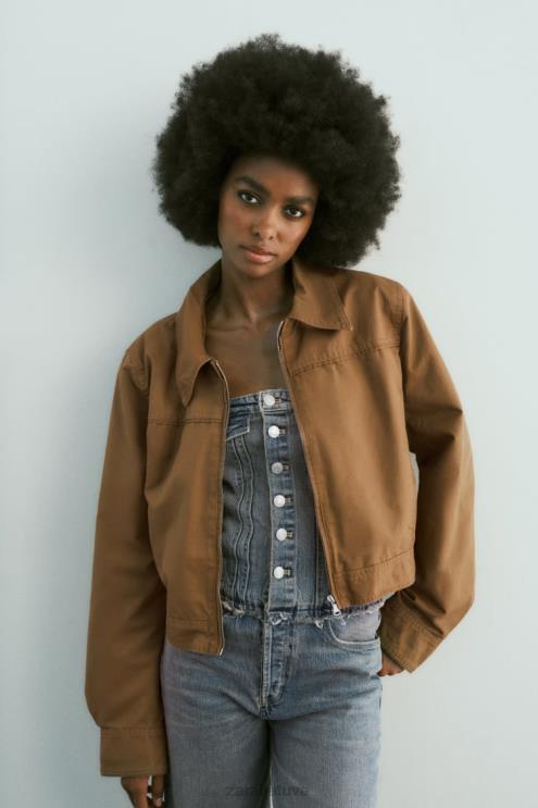 moterys Zara vaškuota medvilninė striukė rudas apranga 4N48888